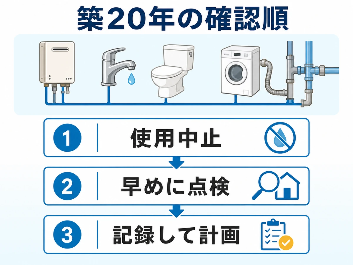 築20年の水回りを使用中止・早めに点検・記録して計画に分ける確認順