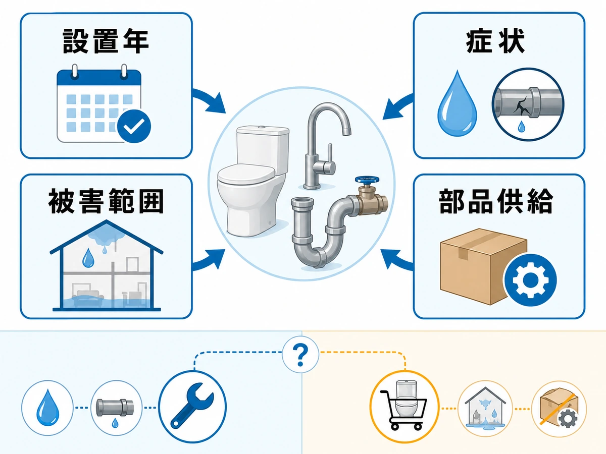 水回り設備の修理と交換を設置年・症状・被害範囲・部品供給で判断する図