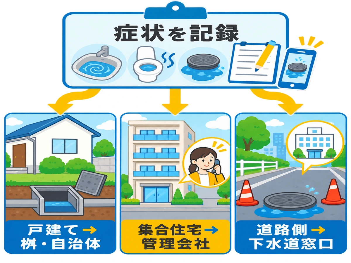 排水の逆流やあふれがあるときの住居形態別相談先