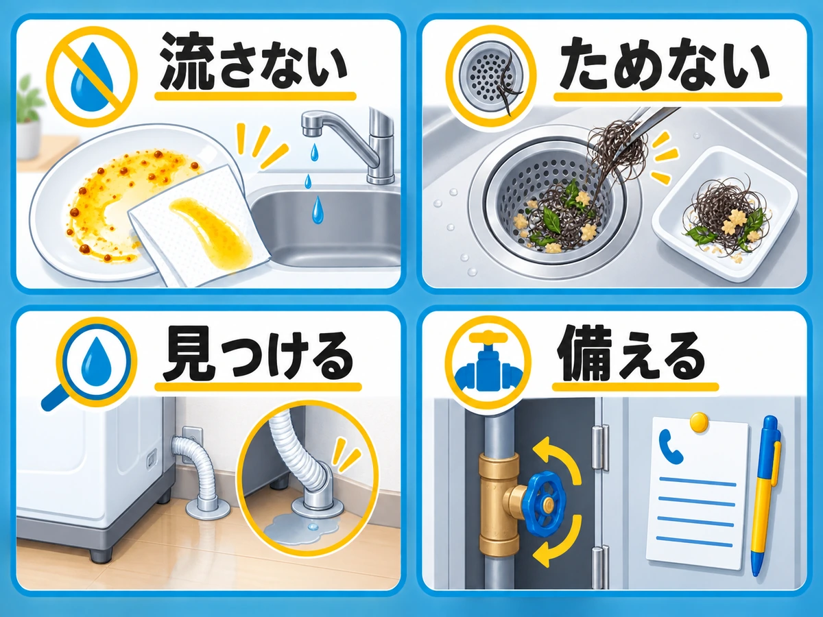 マンションの水回りを予防する、流さない、ためない、見つける、備えるの4習慣