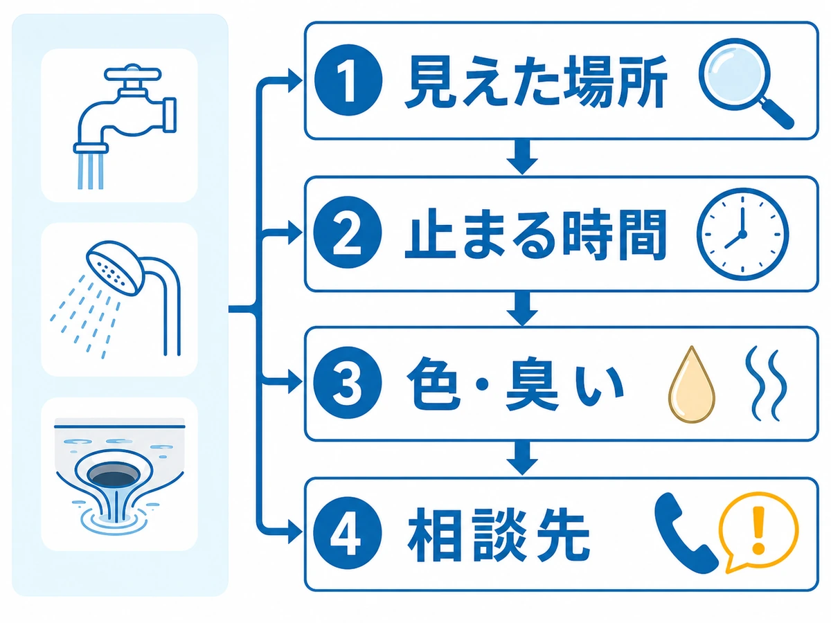 水が戻った場所、止まる時間、色や臭い、相談先を確認する順番