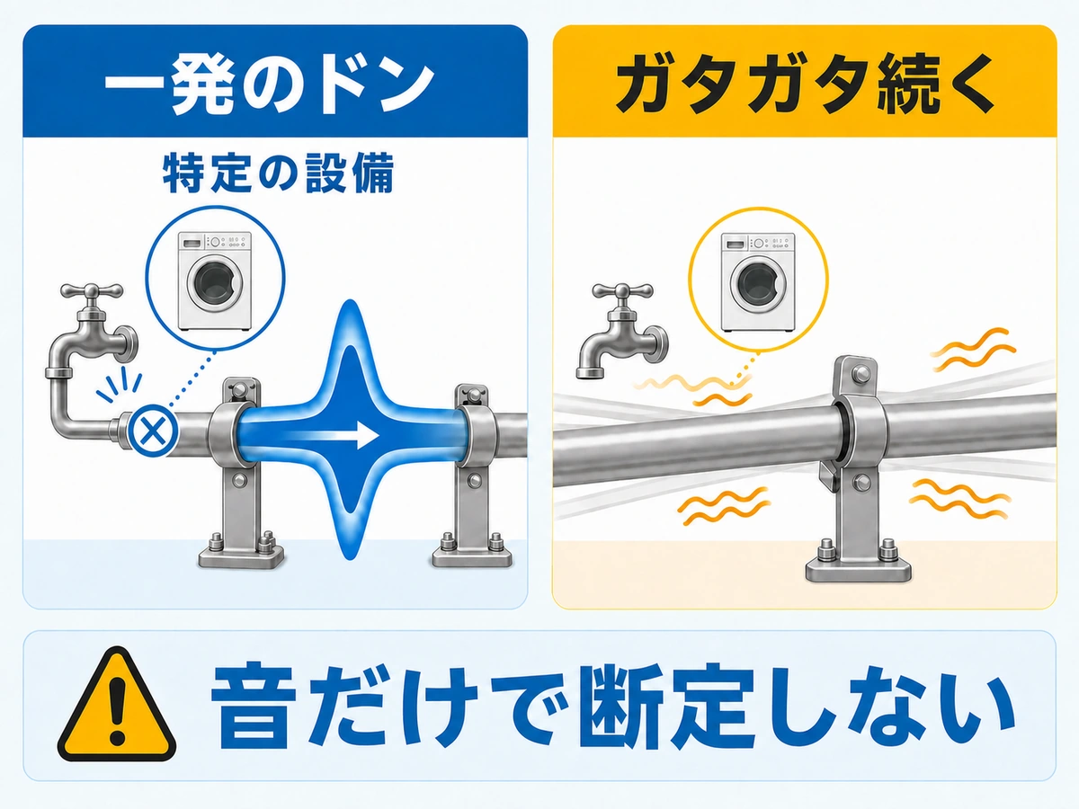 一発のドン音とガタガタ続く振動音を比較する図
