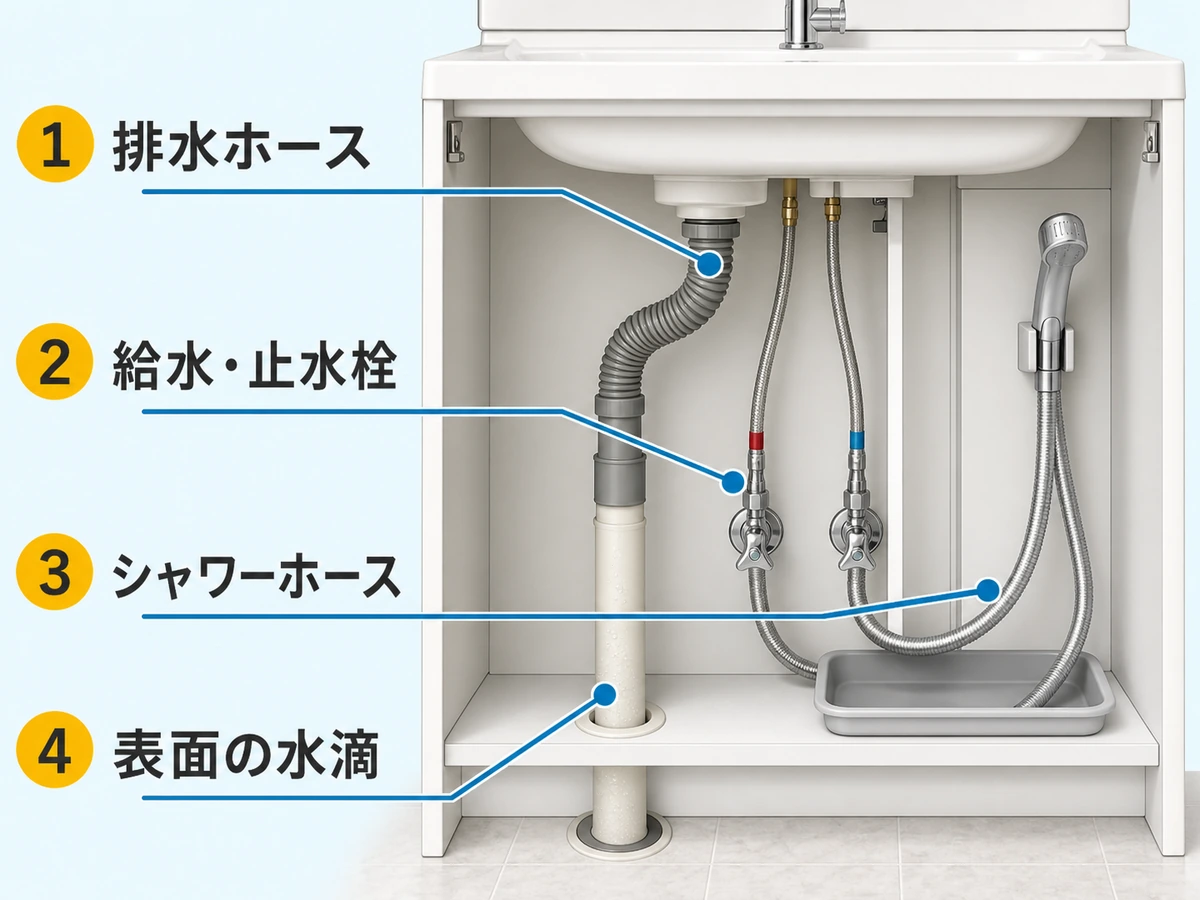 洗面台収納内で確認する排水ホース、給水・止水栓、シャワーホース、配管表面の水滴