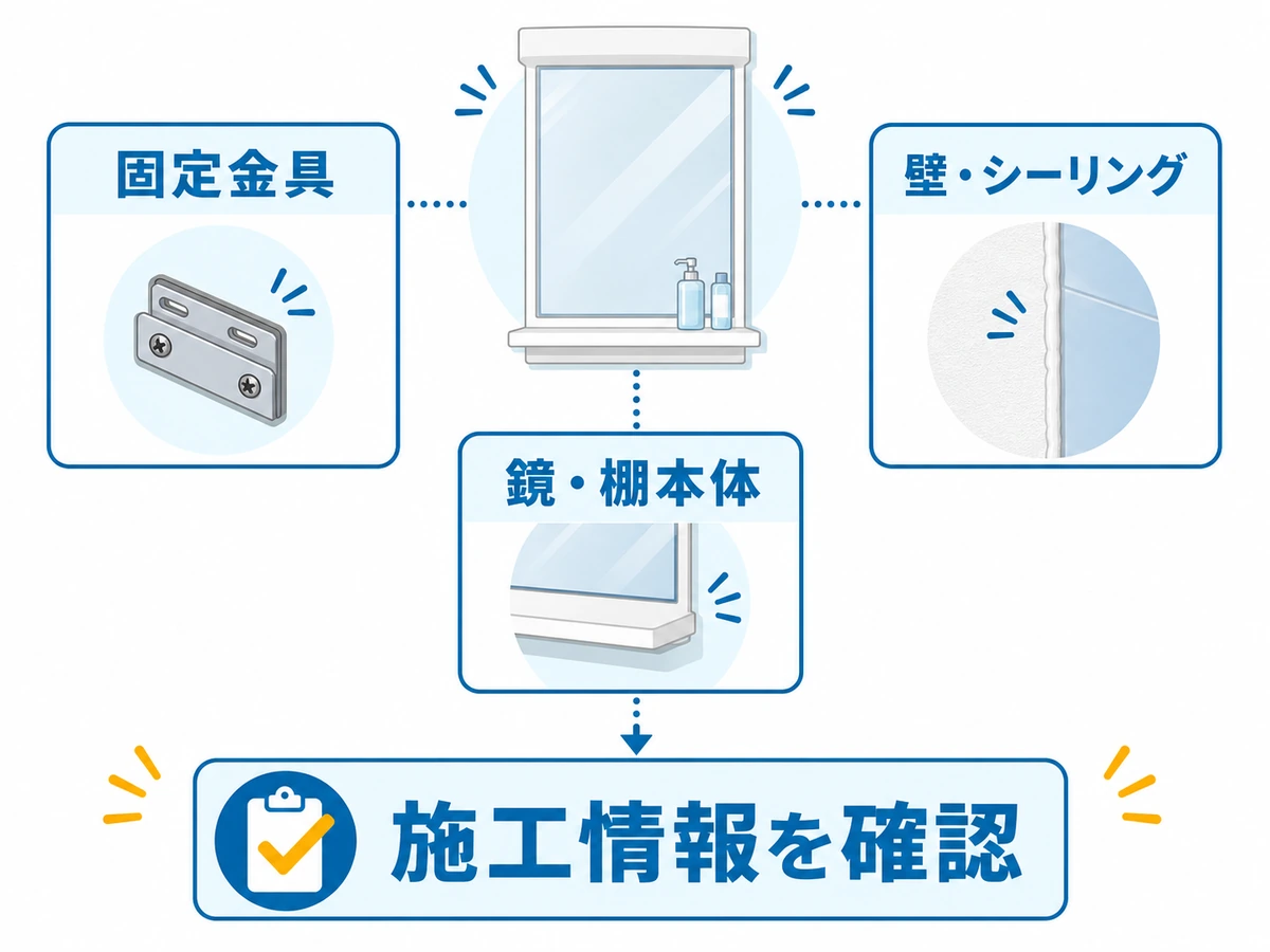 浴室の鏡・棚のぐらつきで確認する固定金具・壁面・本体の3系統