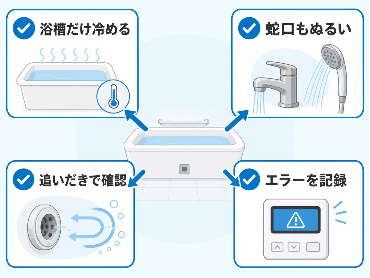 浴槽だけ冷める場合と蛇口もぬるい場合を分け、追いだきとエラーを確認する流れ