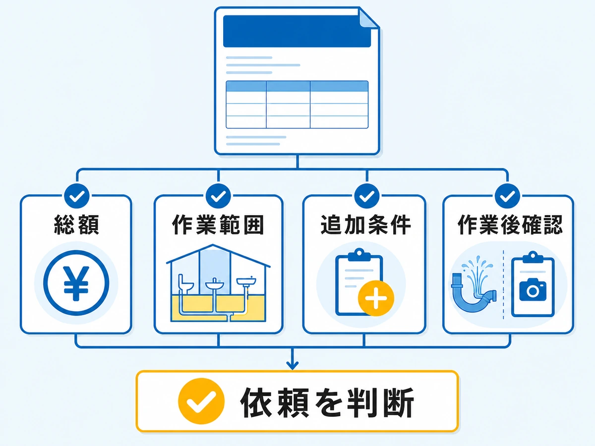 排水管高圧洗浄の見積もりで総額・作業範囲・追加条件・作業後確認を見る図