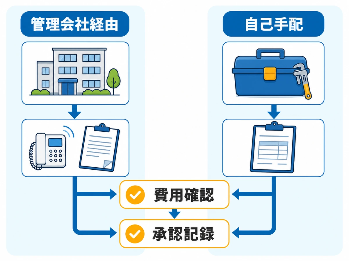 管理会社経由と自己手配で費用確認と承認記録が必要なことを示す比較図