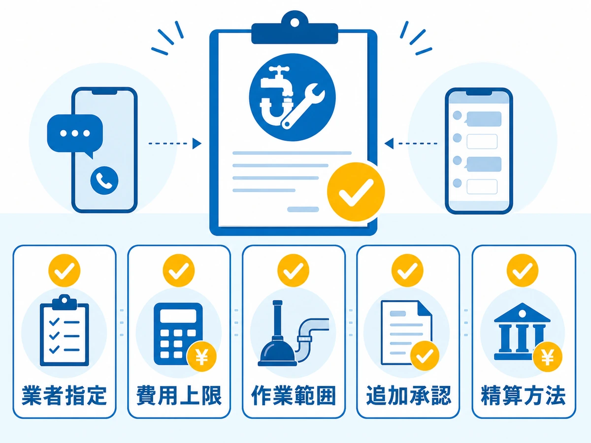 自己手配前に管理会社へ確認する業者指定、費用上限、作業範囲、追加承認、精算方法の図