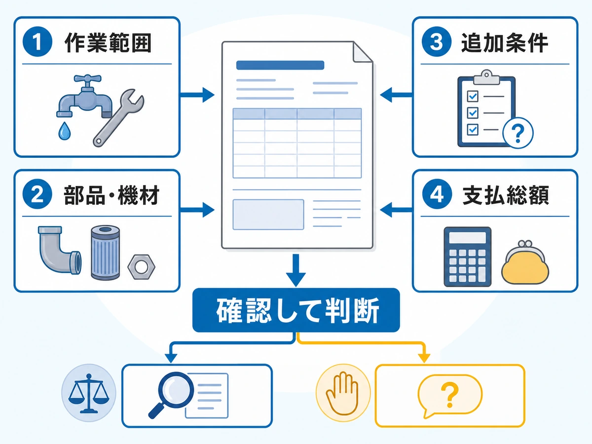 水道修理の見積書で作業範囲・部品・追加条件・支払総額を確認して判断する図