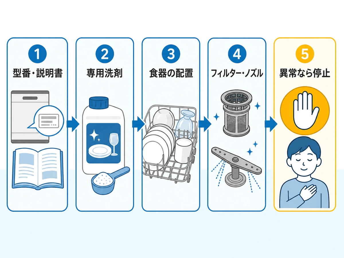 食洗機の白い跡を説明書から順に確認する5段階の判断図
