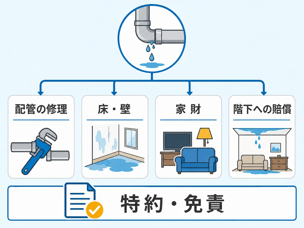 水漏れ費用を配管、床・壁、家財、階下への賠償に分ける判断図