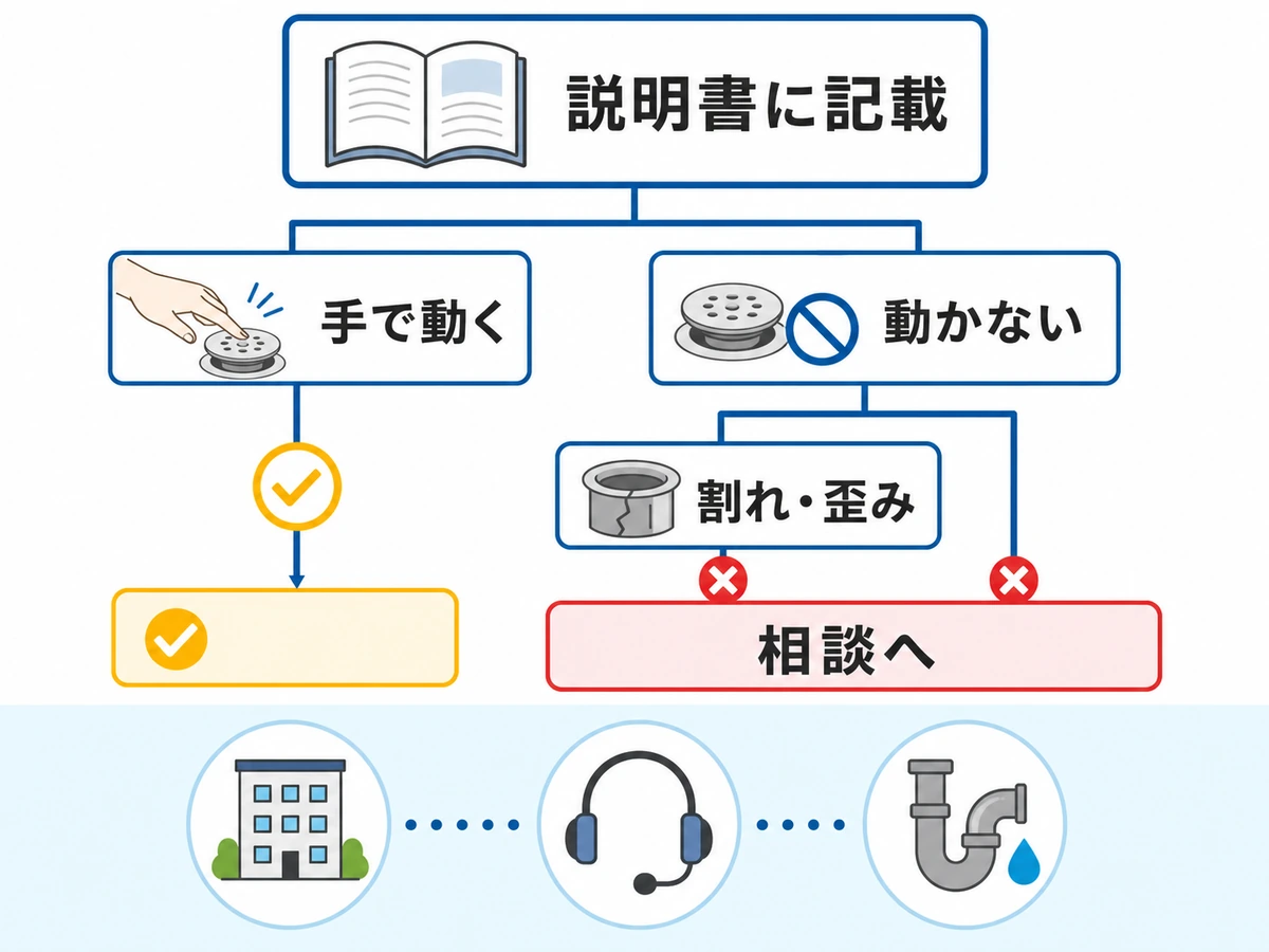 排水口のフタを手で確認できる範囲と作業を中止して相談する分岐