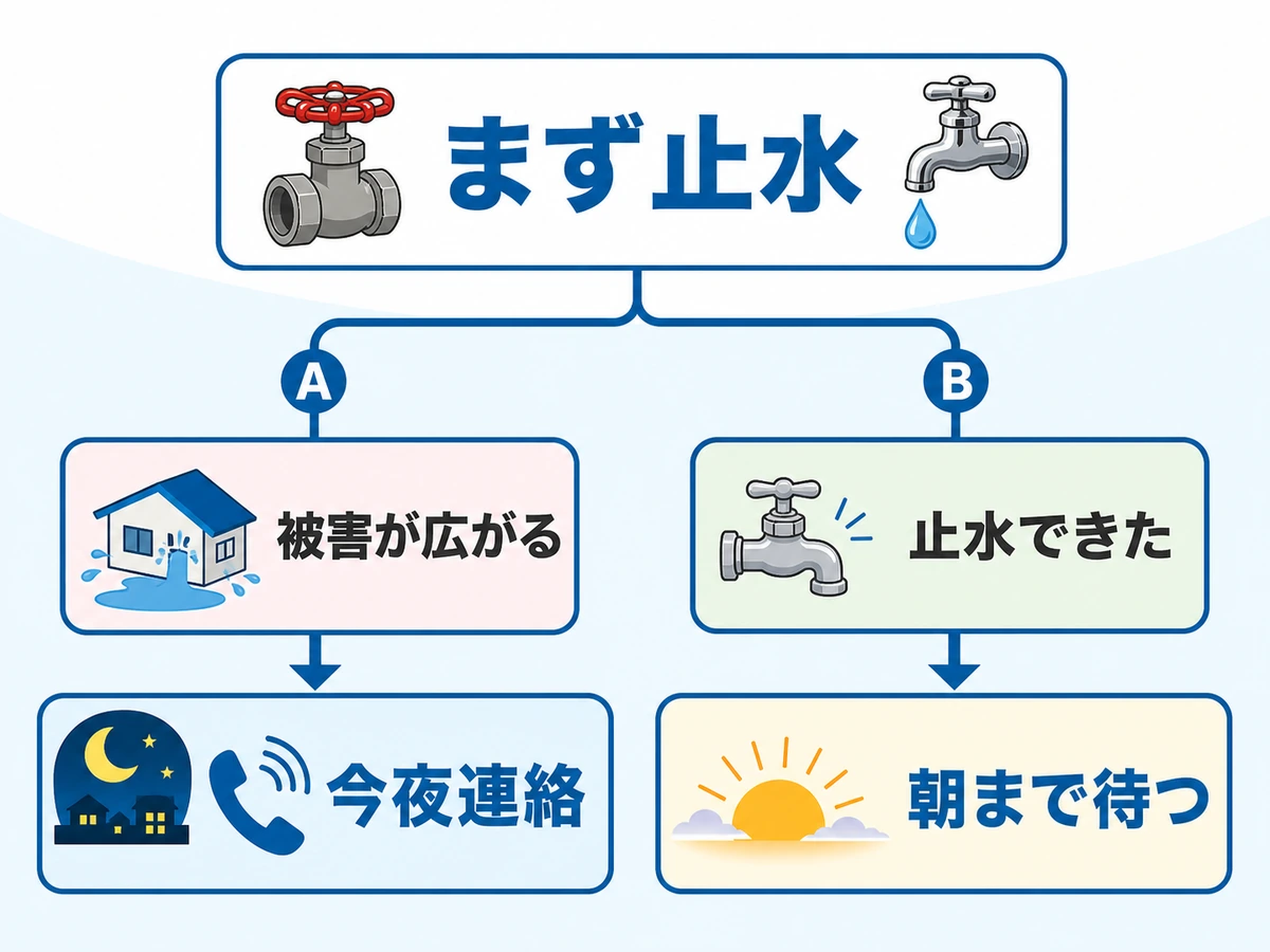 止水後に今夜連絡するか朝まで待つかを分ける判断フロー