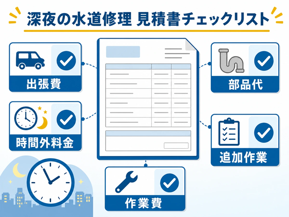 深夜・休日の水道修理で見積書の費目を確認するチェック図