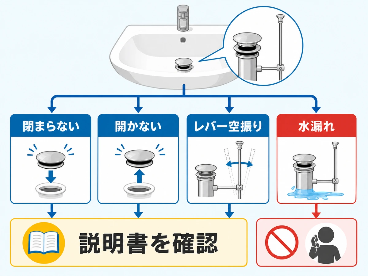 洗面台の排水栓が閉まらない・開かない・レバーが空振りする・水漏れする場合の確認フロー