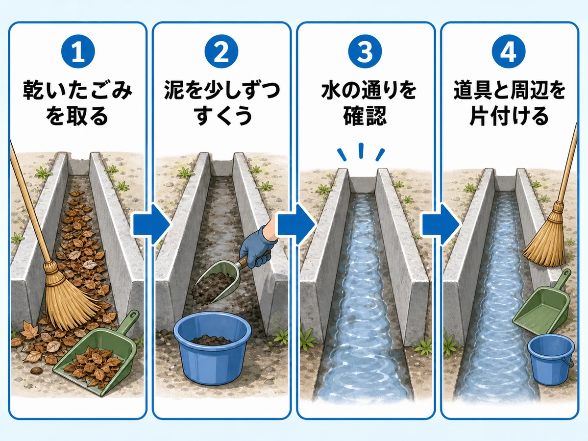 U字溝を安全に掃除する4段階の手順