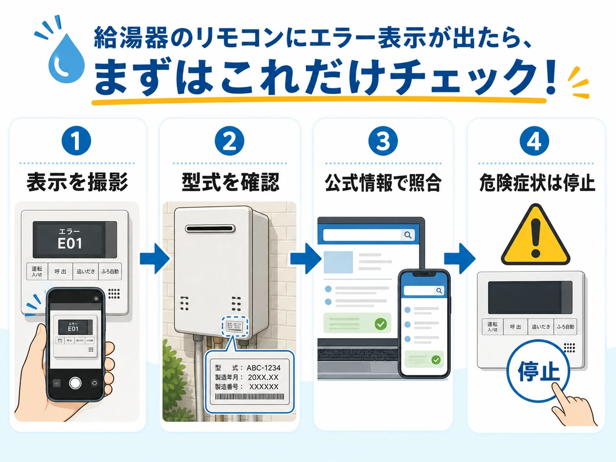給湯器のエラー表示を撮影し型式と公式情報を確認する順番