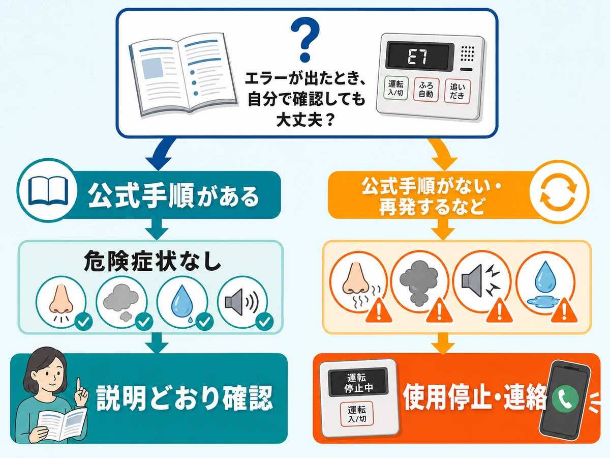 給湯器の公式手順の有無と危険症状から自己確認か使用停止かを判断する図