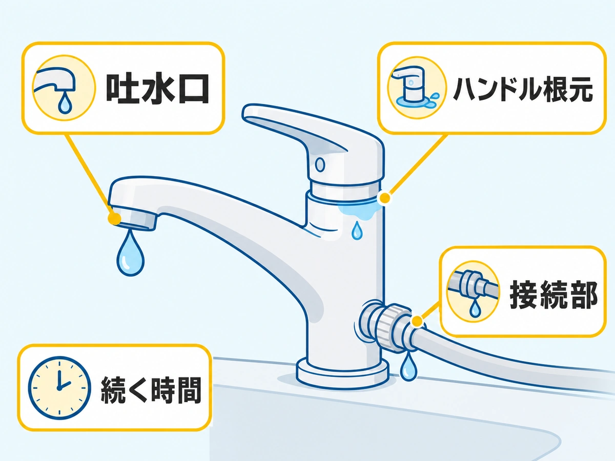 蛇口の吐水口・ハンドル根元・接続部と水漏れが続く時間の確認図