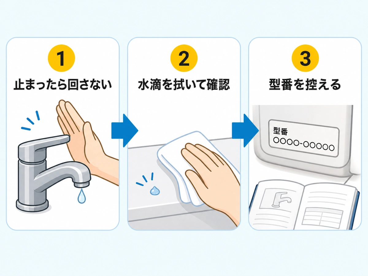 ゴムパッキンを長持ちさせるための締めすぎ防止・水滴確認・型番確認の流れ