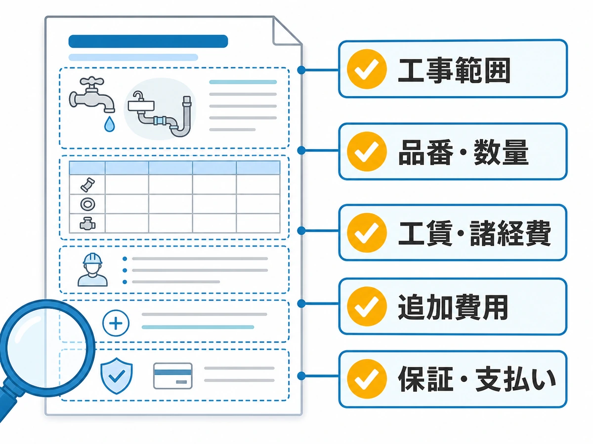 水道工事の見積書で工事範囲、品番、諸経費、追加費用、保証を確認する図