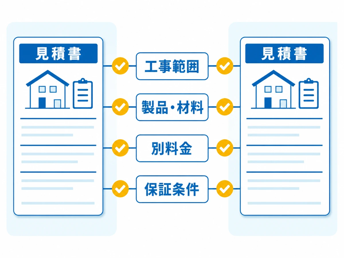 2社の水道工事見積書を工事範囲、製品、別料金、保証で比べる図