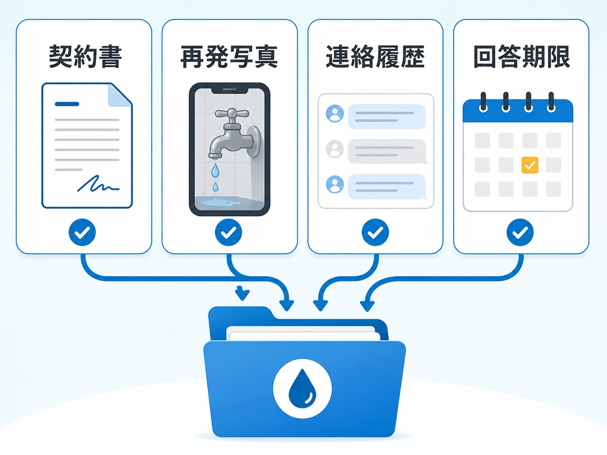 水漏れ再発時に契約書・再発写真・連絡履歴・回答期限をまとめる記録チェック