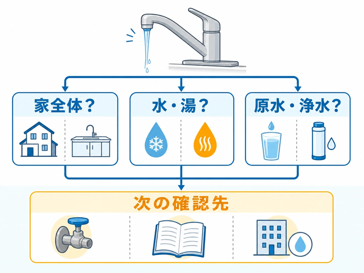 キッチン蛇口の水量不足を家全体、水と湯、原水と浄水で切り分ける図
