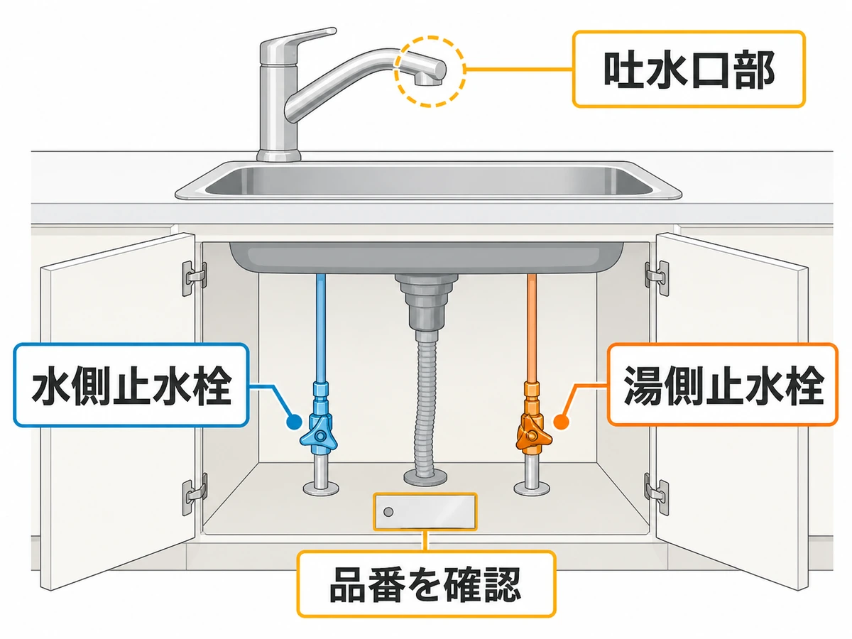 キッチン水栓の吐水口部と水側・湯側止水栓、品番表示の位置を示す図