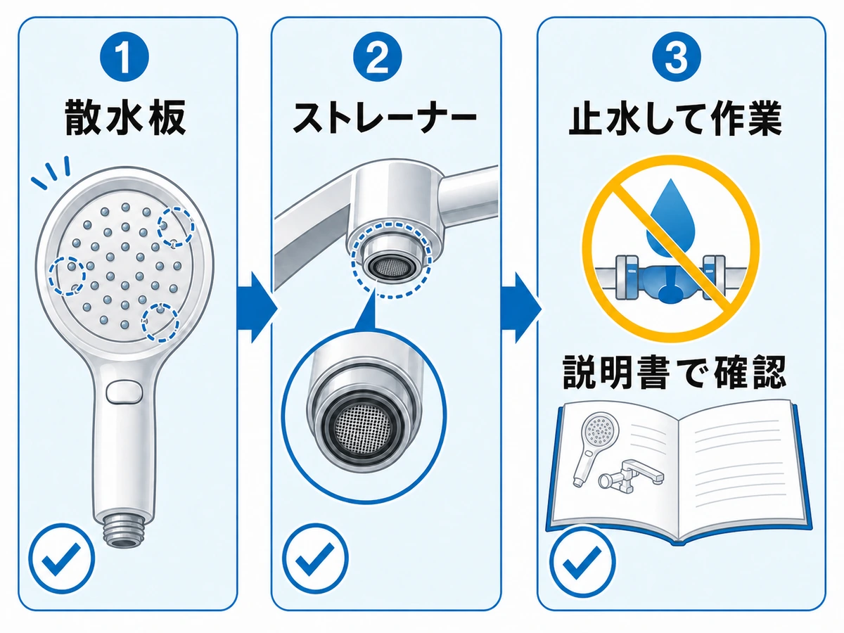 シャワーの散水板とストレーナーを止水・説明書確認の順で見る図