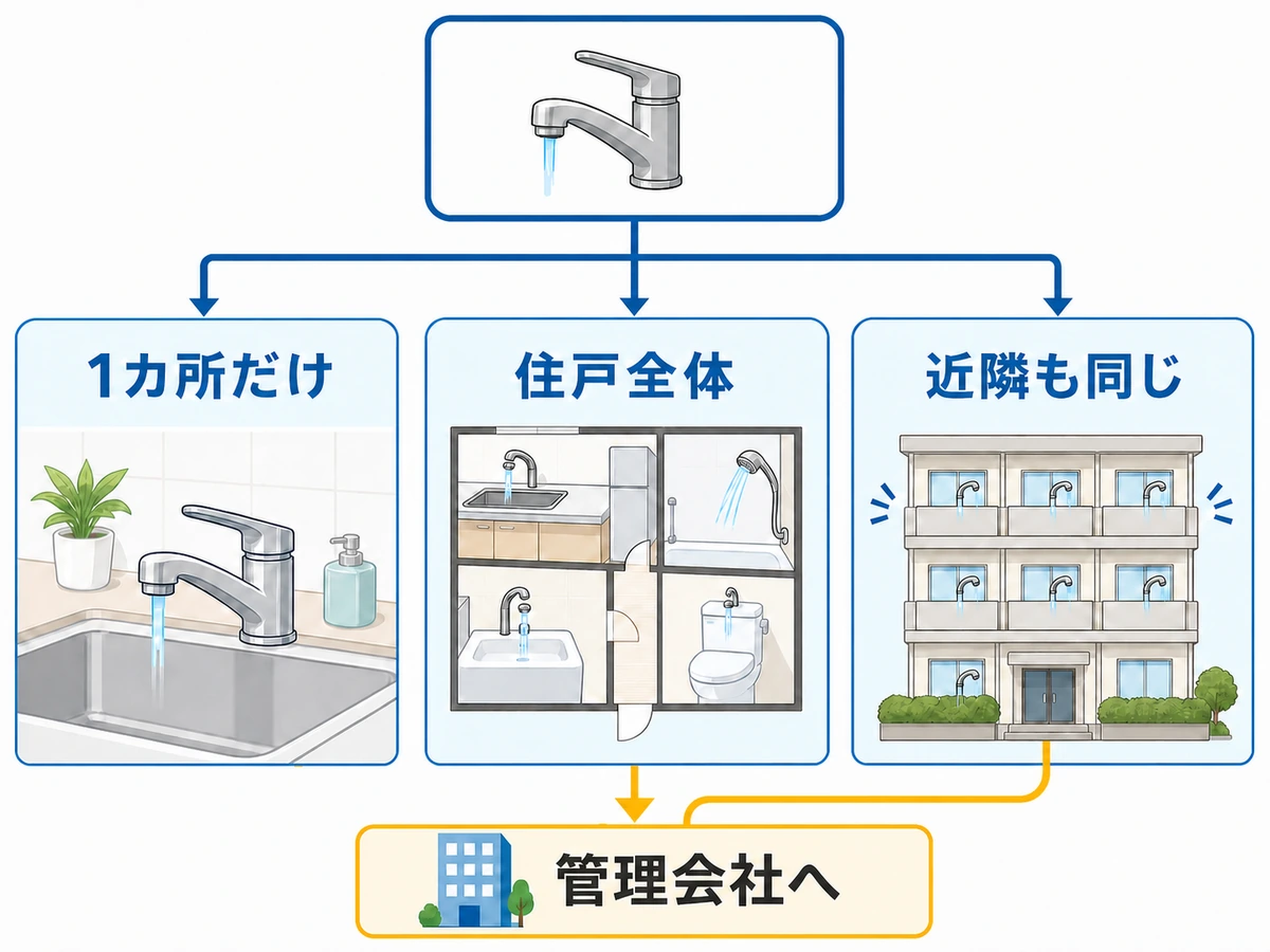 水圧が弱い範囲を1カ所・住戸全体・近隣住戸で分ける判断図