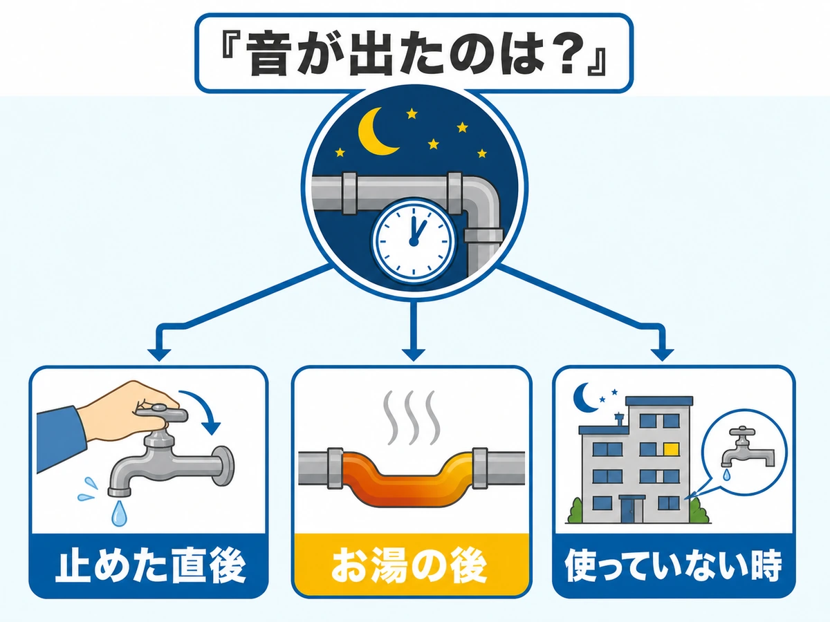 水道管のコンコン音を発生タイミングで切り分ける確認フロー