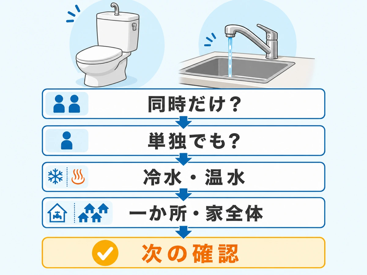 キッチンの水が弱いときに単独・冷温・ほかの蛇口を比べる確認フロー