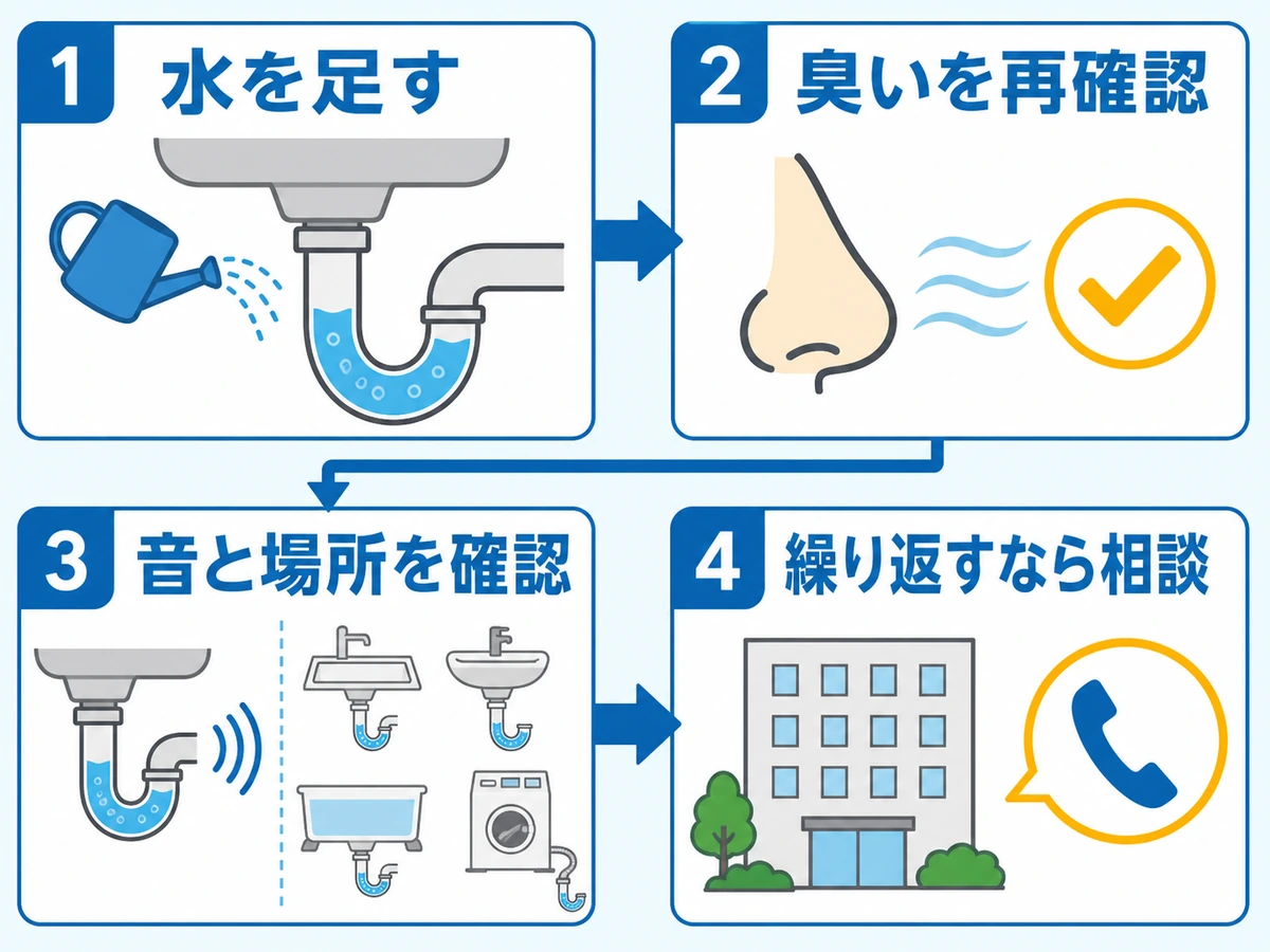 封水切れを疑うときに水を足し、臭い、音、場所、再発の順で確認する図