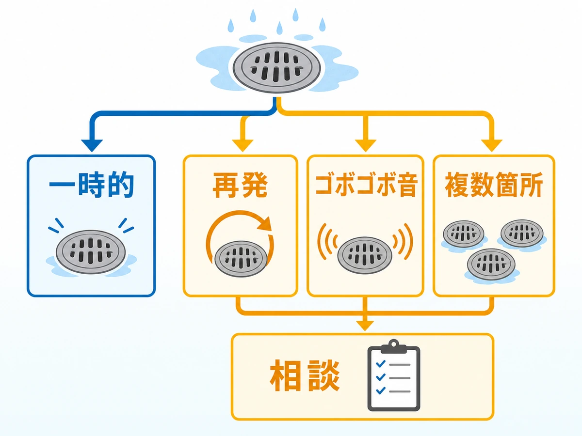 雨の日の下水臭を一時的な症状と再発・ゴボゴボ音・複数箇所の相談サインに分ける図