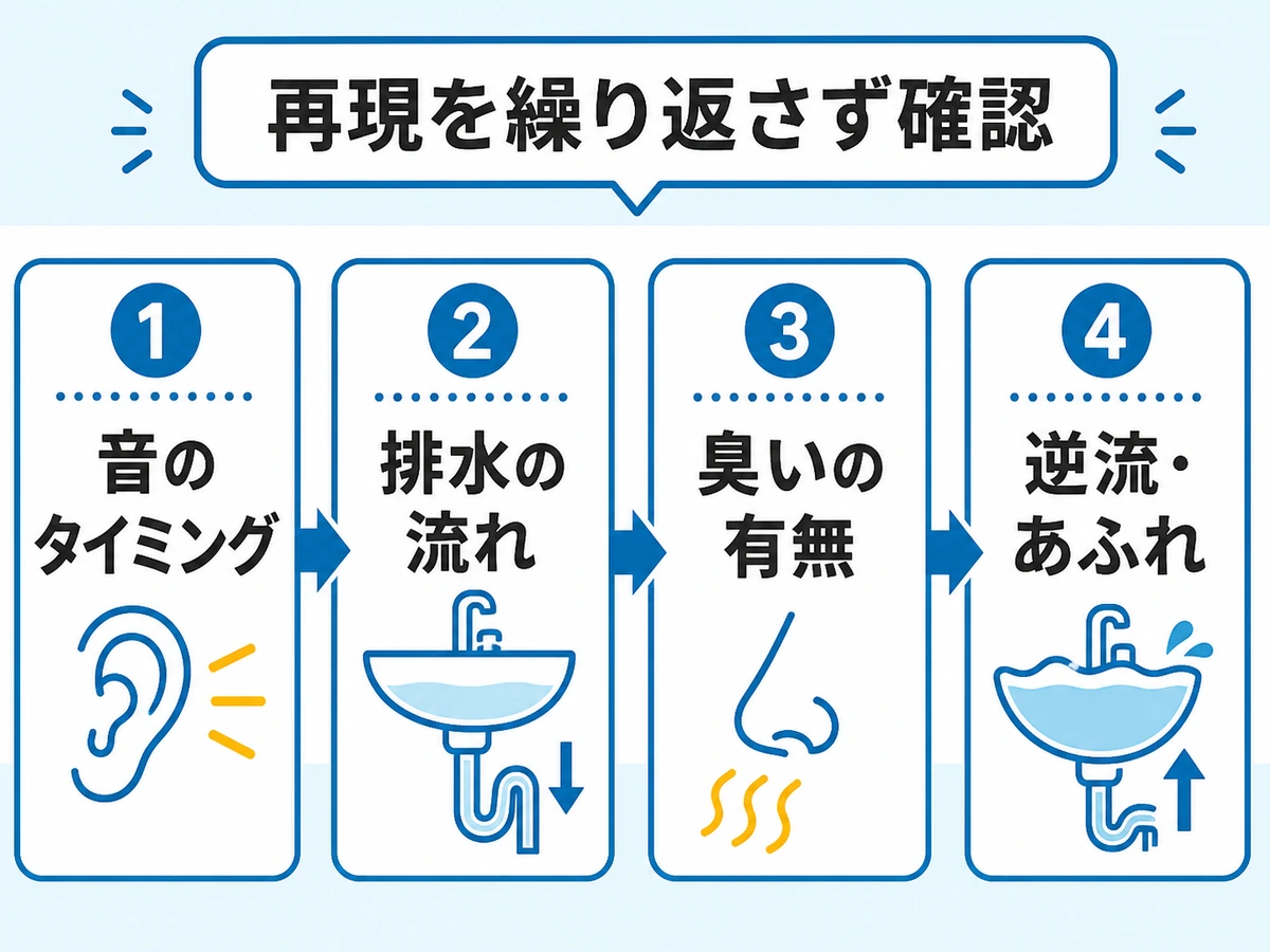 シャワー使用時の洗面台の音を、音のタイミング・排水の流れ・臭い・逆流の順に確認する図