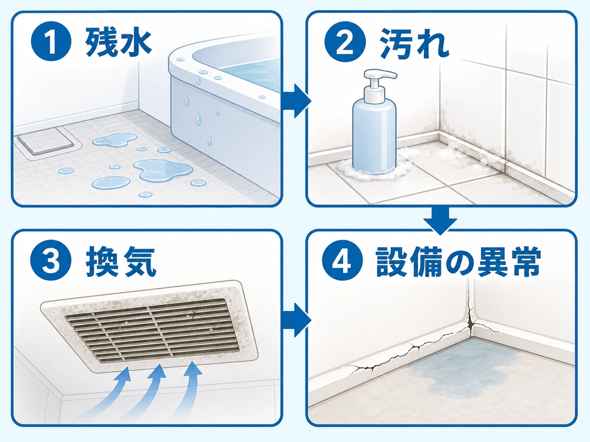 水回りのカビが再発する原因を、残水・汚れ・換気・設備の異常の順に確認する図