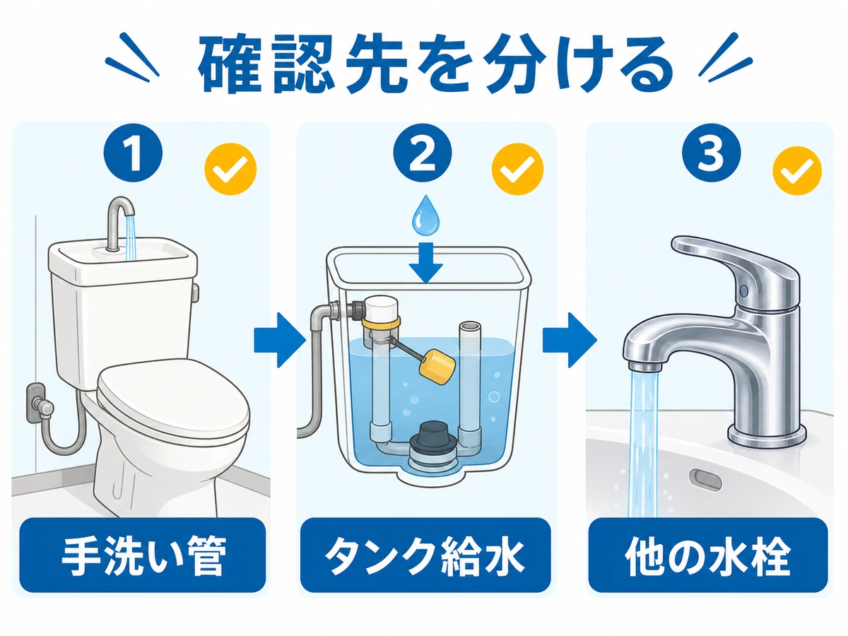 トイレの手洗い管から水が出ない・細いときの確認手順と対処法の確認ポイントを示す本文画像