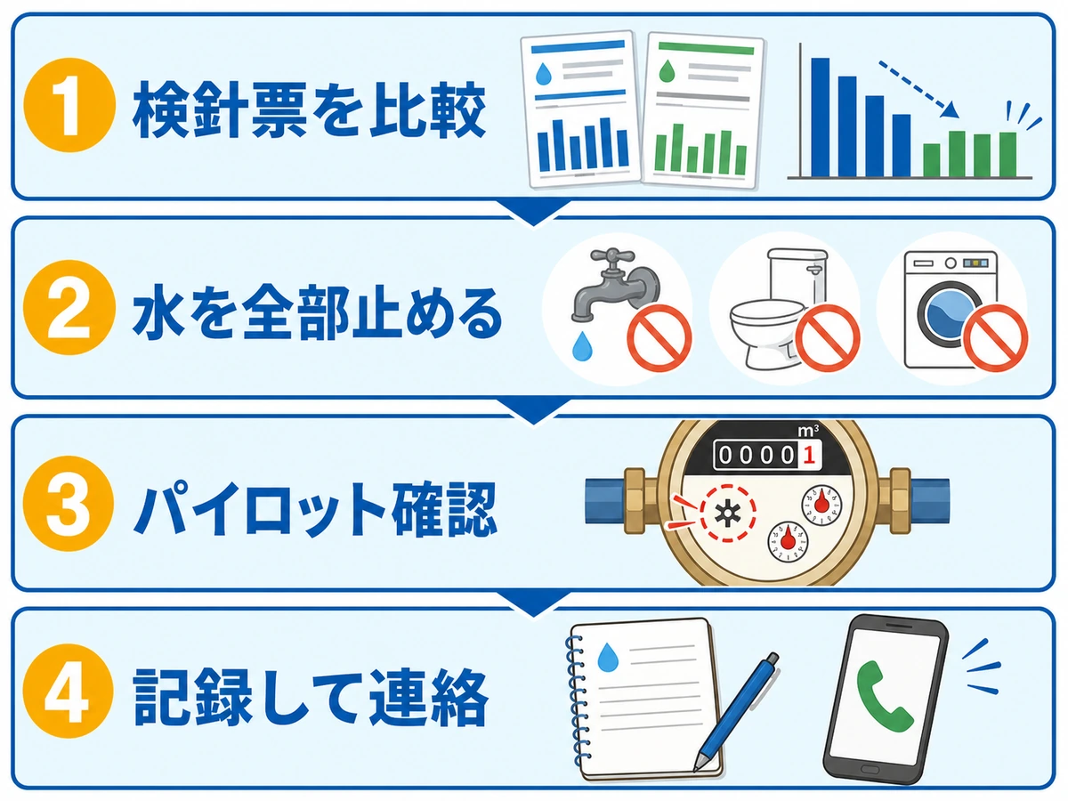 水道代が急に下がったときの検針票・全止水・パイロット・連絡の確認順