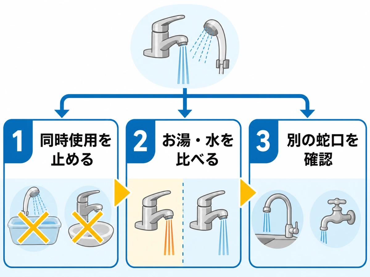 水圧低下を同時使用、温水と冷水、別の蛇口の順で確認する図