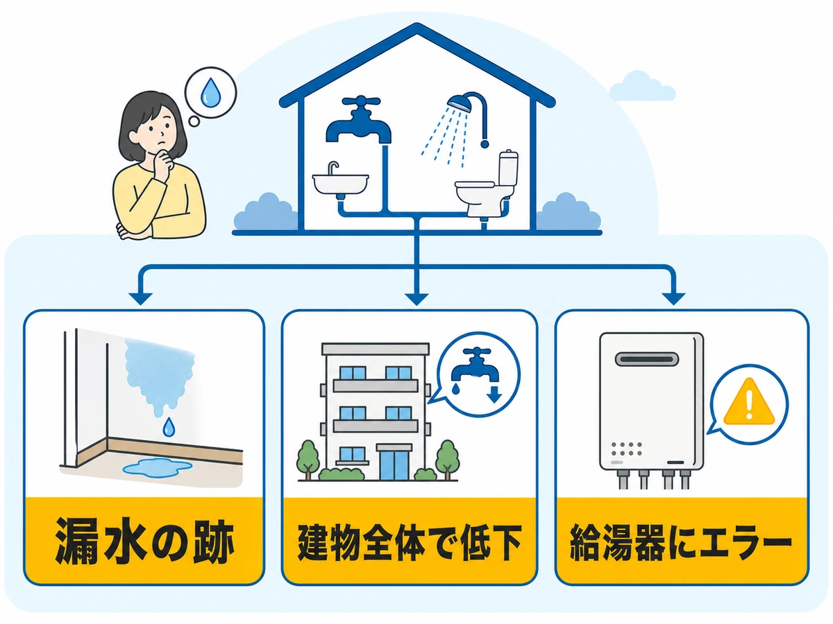漏水跡、建物全体の水圧低下、給湯器エラーという連絡目安の図
