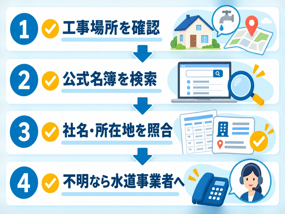 指定給水装置工事事業者を工事場所・公式名簿・事業者情報の順に確認する流れ