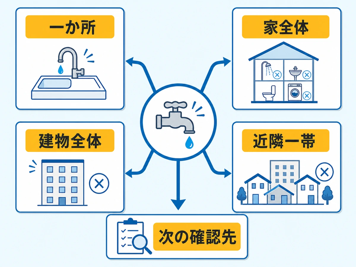 水が出ない範囲を一か所・家全体・建物全体・近隣一帯で確認するフロー