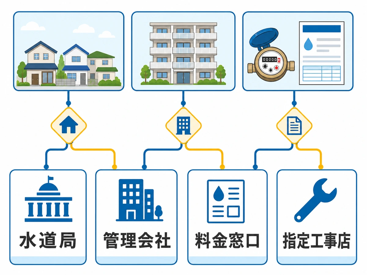 断水状況に応じて水道局・管理会社・料金窓口・指定工事店を選ぶ判断図