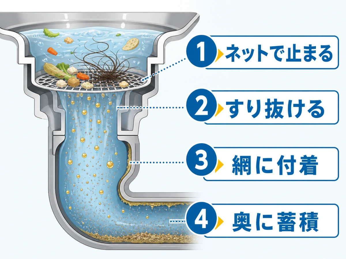 排水口ネットで止まる固形物とすり抜ける汚れ、網や配管への付着を示す図