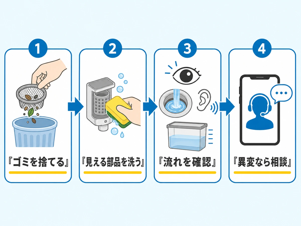 排水口のゴミ除去から異変時の相談までを4段階で示す図