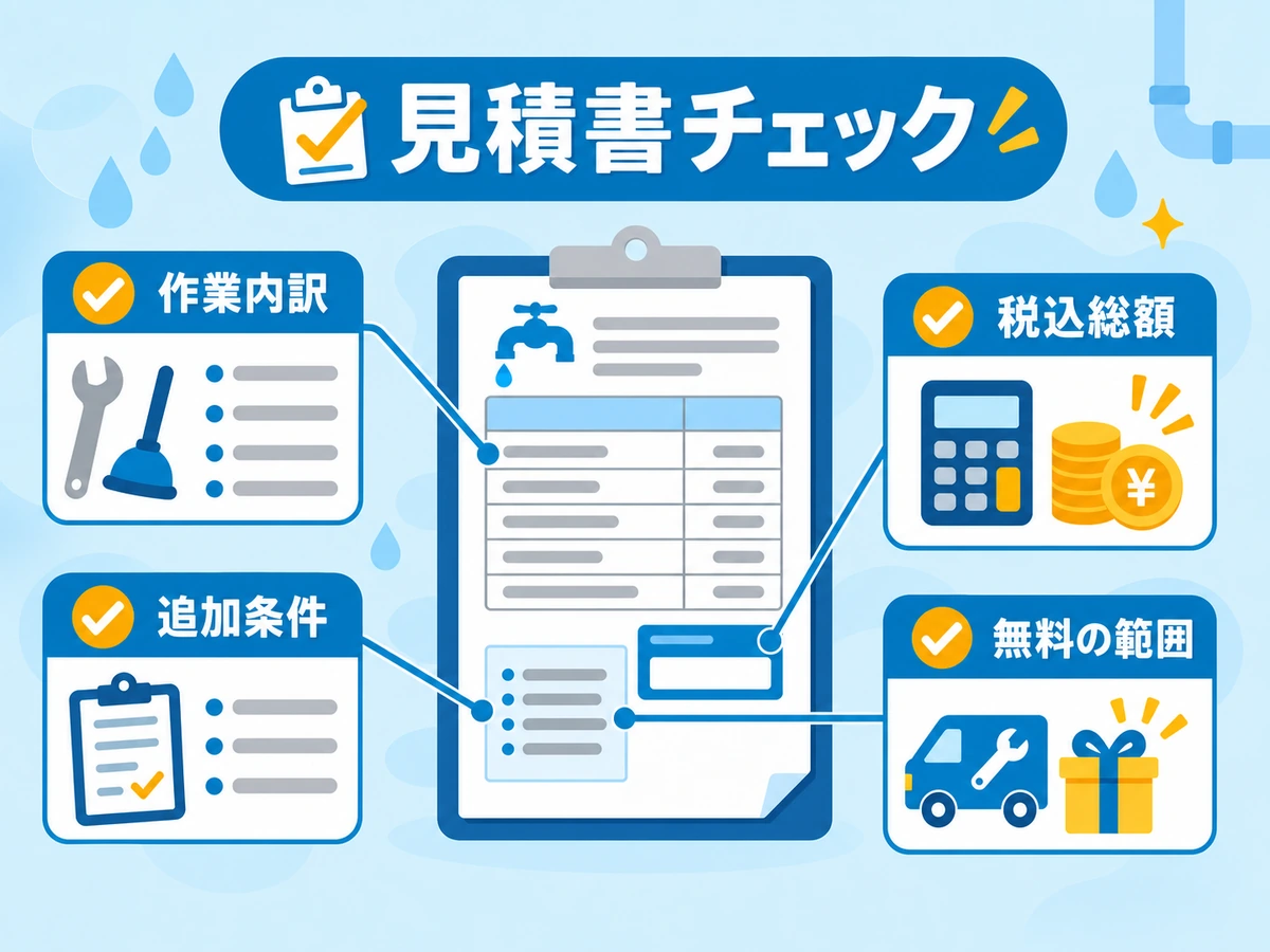 水道修理の見積書で作業内訳・税込総額・追加条件・無料の範囲を確認する図