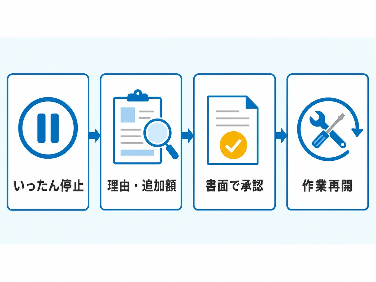 追加作業の前に停止し、理由と追加額を確認して書面承認後に再開する流れ