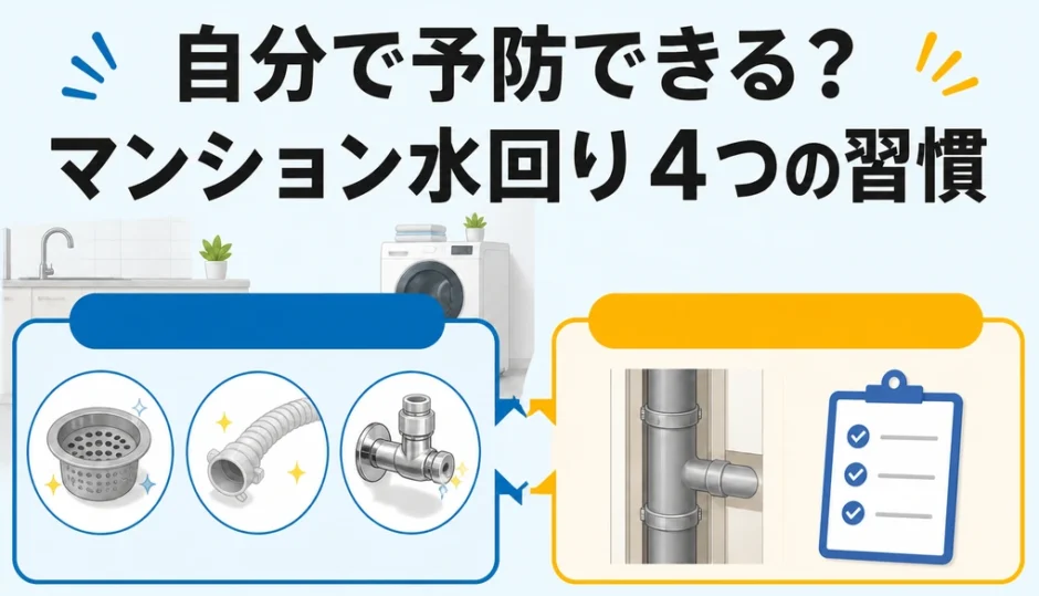 マンションの水回りトラブルを予防する4つの習慣と、管理側へ任せる範囲を示す図