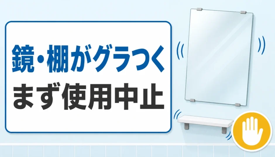 浴室の鏡・棚がぐらつくときは使用を中止することを示す図